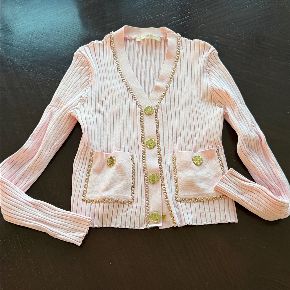 Balmain Light Pink Cardigan with Gold Chain Detail
